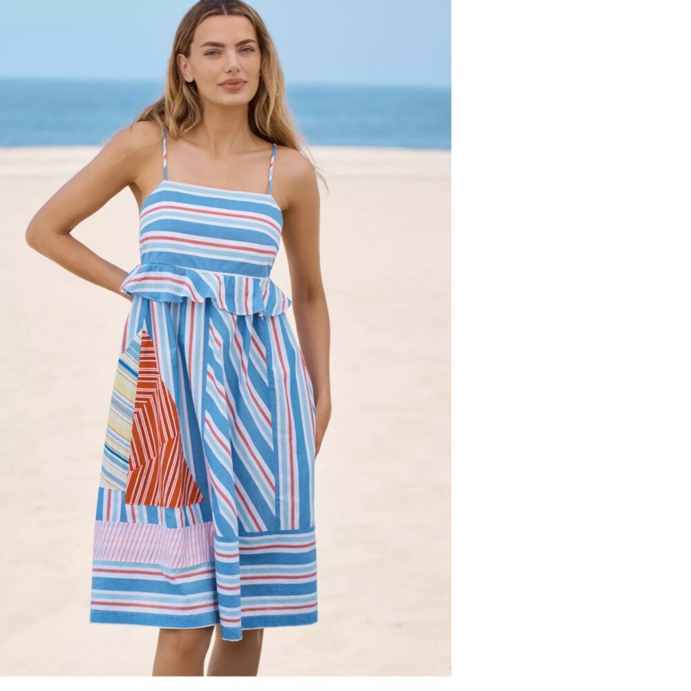 Striped Blue & White Summer Sundress with Ruffle Waist